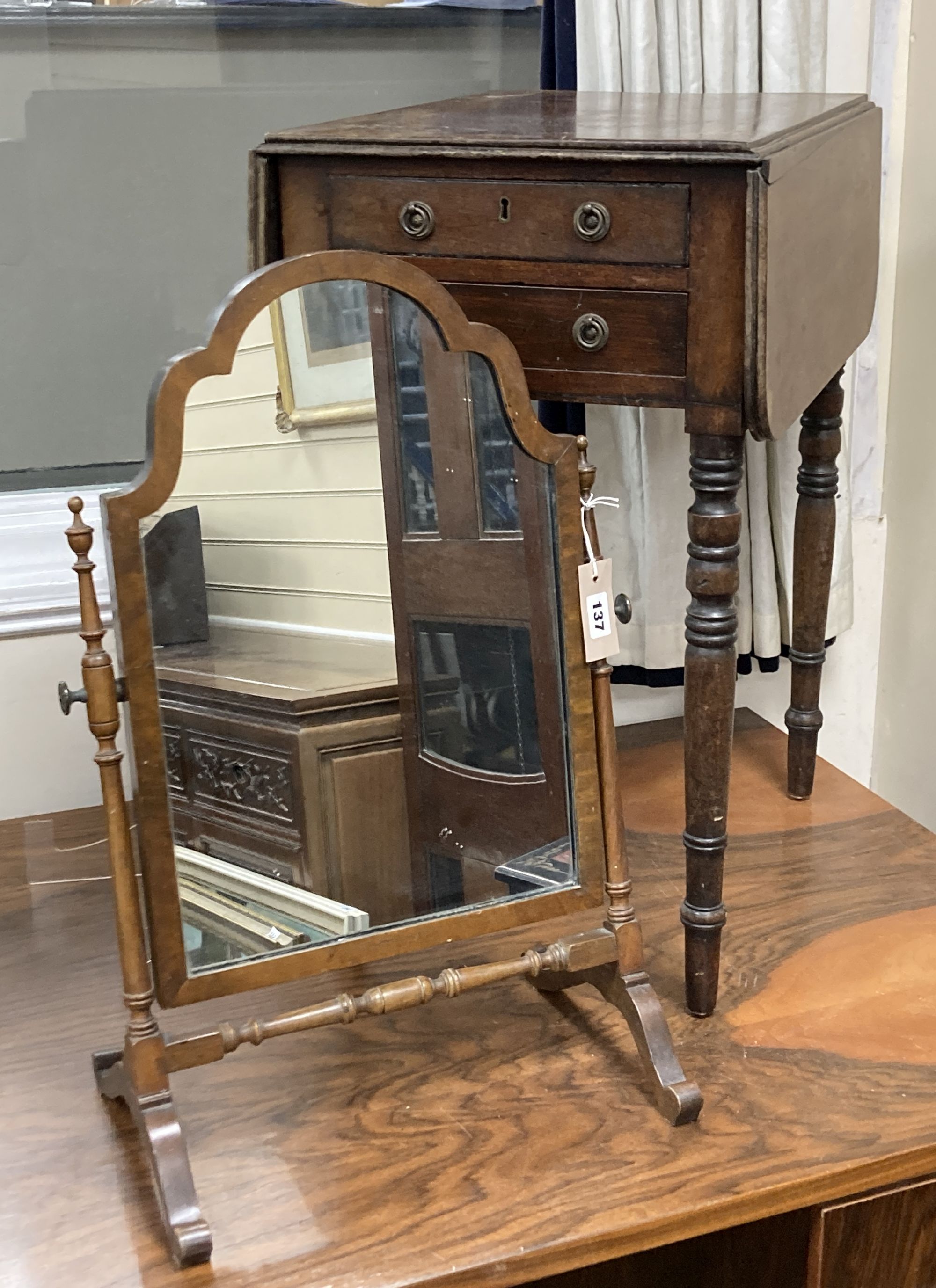 A Regency mahogany drop flap work table, width 38cm, depth 51cm, height 67cm together with a later toilet mirror